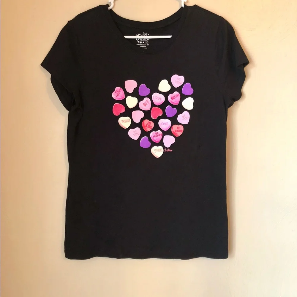 Justice Candy Hearts Graphic T-Shirt Girls Size 20 Cute Tee Valentine Top NWOT